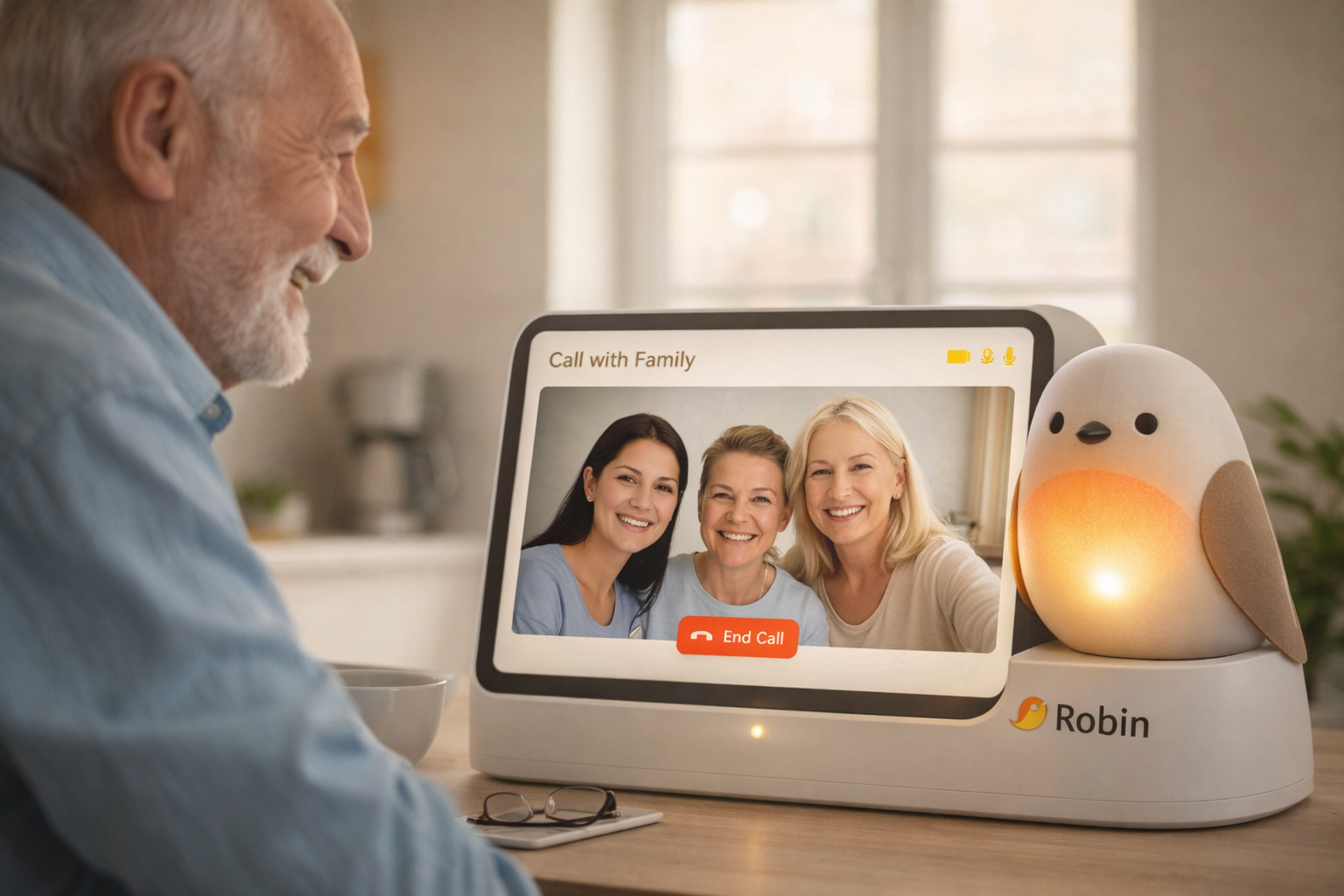 Elderly man on a joyful family video call with three women through the Robin device