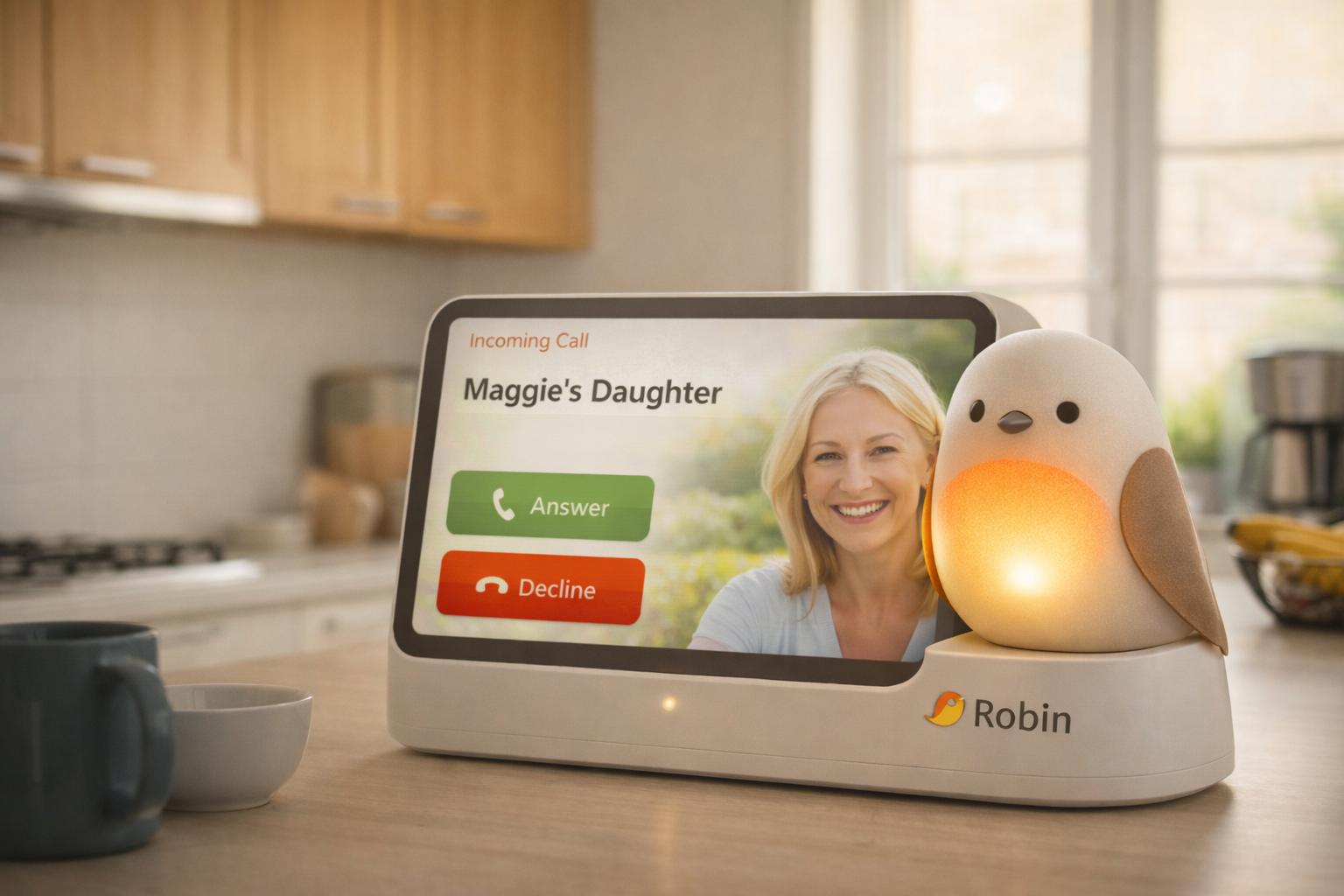 Robin device showing an incoming call from Maggie's Daughter with large Answer and Decline buttons