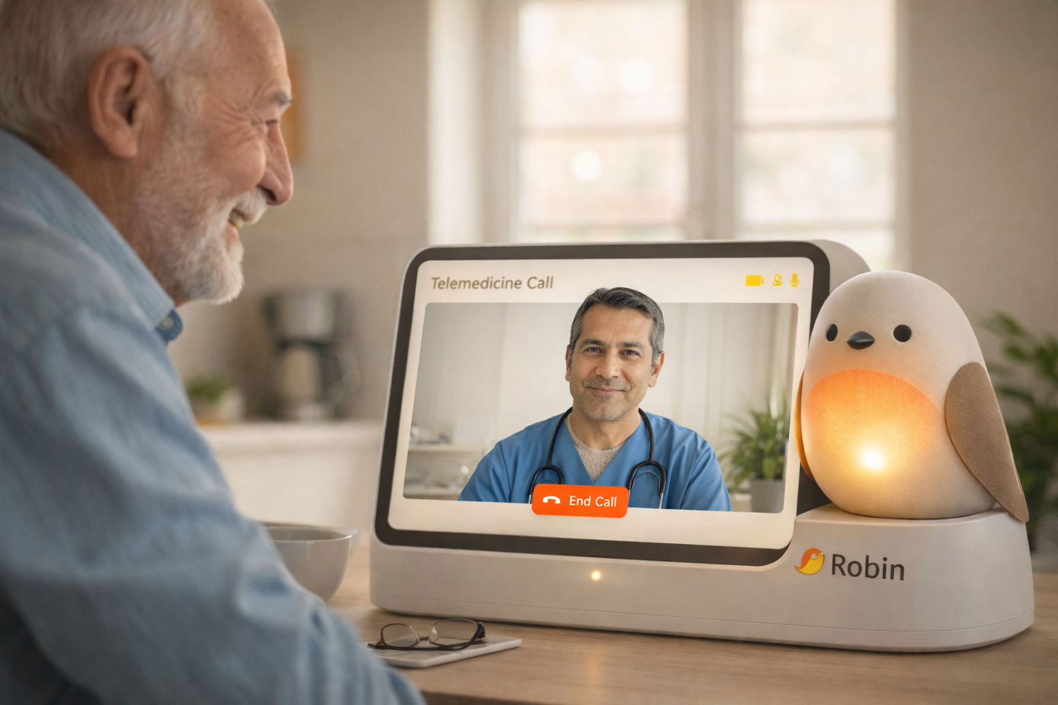 Elderly man on a telemedicine video call with a doctor through the Robin device