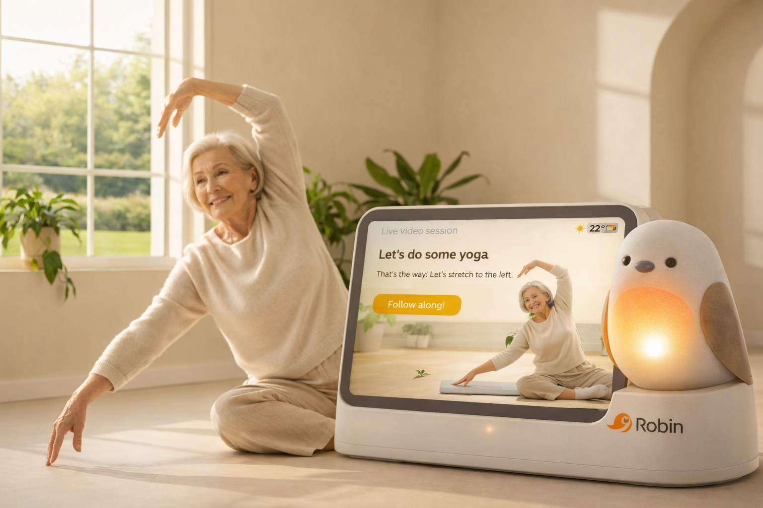 Elderly woman doing yoga stretches alongside the Robin device showing a guided exercise session